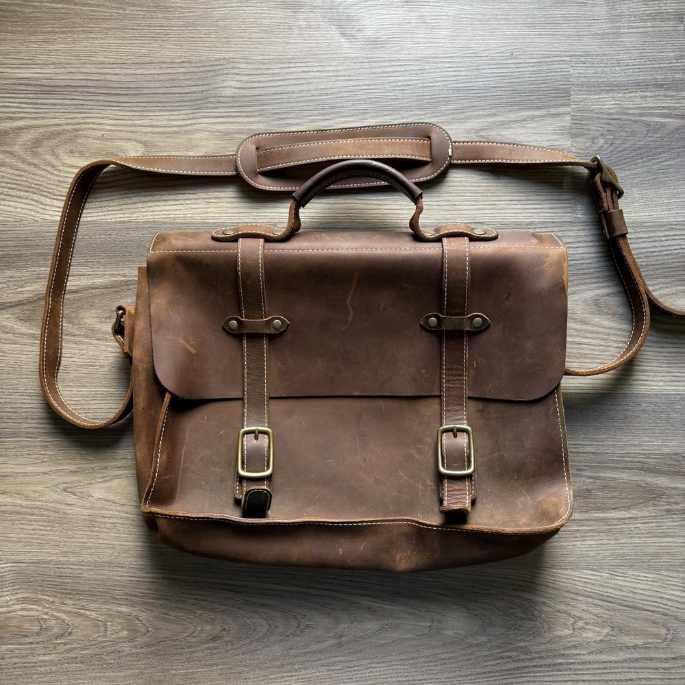 Portland Leather Goods Brown Leather Crossbody Messenger Bag Laptop Travel
